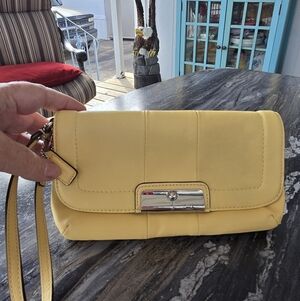 Coach Yellow Leather Wristlet Clutch with Silver-Tone Hardware EUC 9Lx4.75x1.75D